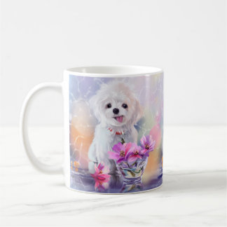 Weiße Bichon-Welpe und Blume in einer Vase Kaffeetasse