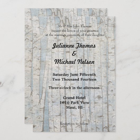 Weiße Birkenbaumhochzeit Einladung (Vorne/Hinten)