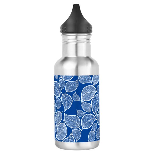 Weiße Blätter auf blau Edelstahlflasche (Links)