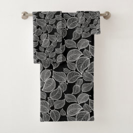 Weiße Blätter auf schwarzem Handtuch Badhandtuch Set