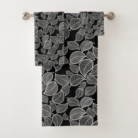 Weiße Blätter auf schwarzem Handtuch Badhandtuch Set (Insitu)