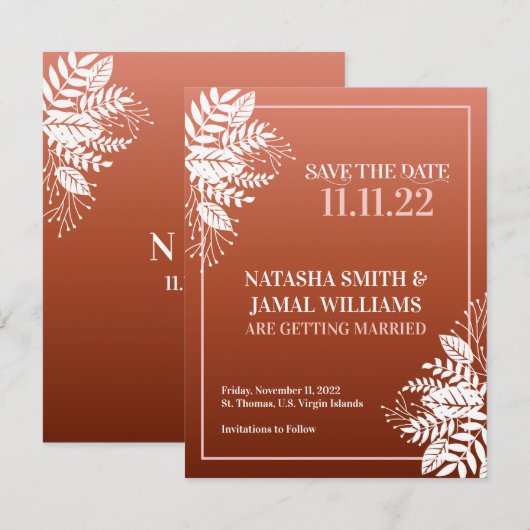Weiße Blätter, Rot Terracotta Save The Date (Vorne/Hinten)
