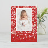 Weiße Blätter Rotes Foto Weihnachtsgeburt Ankündigung (Stehend Vorderseite)