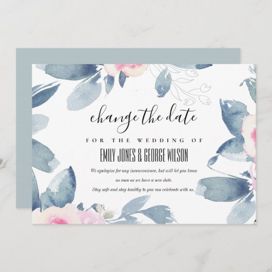 WEISSE BLAUE BLUE FLORAL WEDD ÄNDERN DAS DATUM EINLADUNG (Vorne/Hinten)