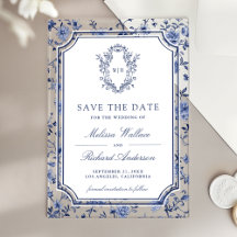 Weiße Blaue Chinoiserie-Wappen Hochzeits-Save-the-