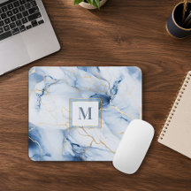Weiße Blaue Gold Marmor Monogramm Anfangsmauspad