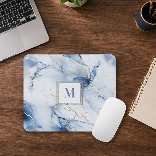 Weiße Blaue Gold Marmor Monogramm Anfangsmauspad Mousepad