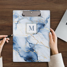 Weiße Blaue Gold Marmor Monogramm Klemmbrett