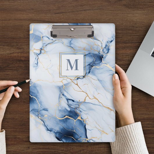Weiße Blaue Gold Marmor Monogramm Klemmbrett