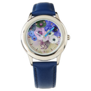 WEISSE BLAUE ROSE, ANEMONMONOGRAMM BLUME ARMBANDUHR