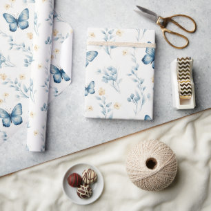 Weiße Blaue Schmetterlinge Blumen Geburtstag Geschenkpapier