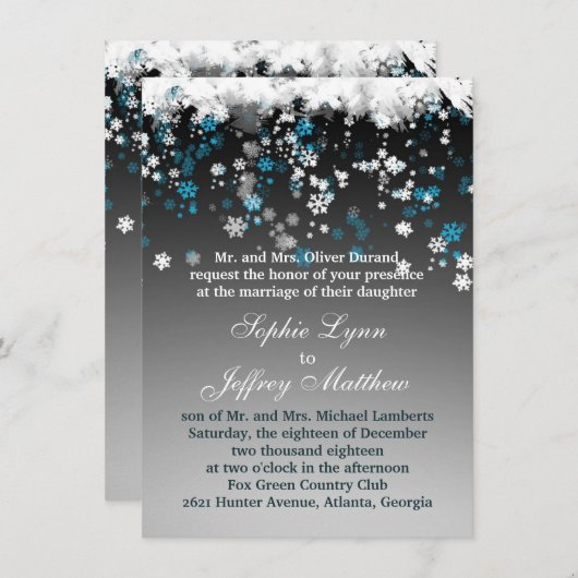 Weiße, blaue Schneeflocken auf der Einladung zur H (Vorne/Hinten)