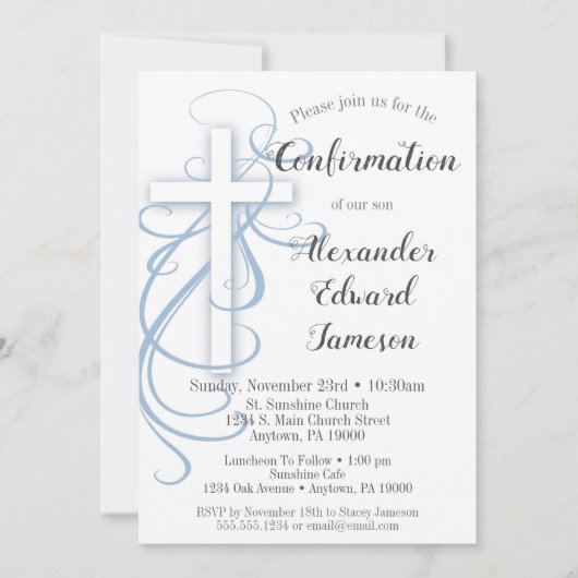 Weiße blaue Swirl Cross Bestätigung Einladung Jung (Vorderseite)