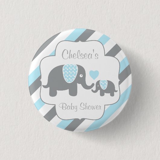 Weiße, blaue und graue Stripe Elephant Baby Boy Du Button (Vorderseite)