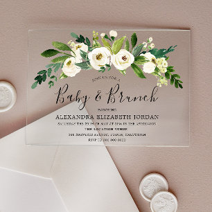 Weiße blühende Blume Kinderdusche und Brunch Acryleinladungen