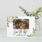 Weiße blühende Blumen-Foto-Save-the-Date-Karte Save The Date (Stehend Vorderseite)