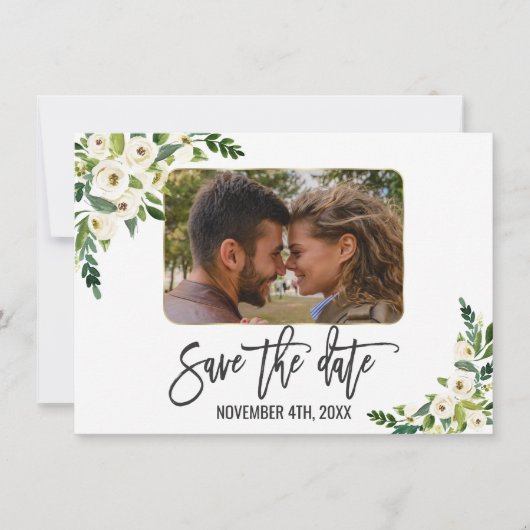 Weiße blühende Blumen-Foto-Save-the-Date-Karte Save The Date (Vorderseite)