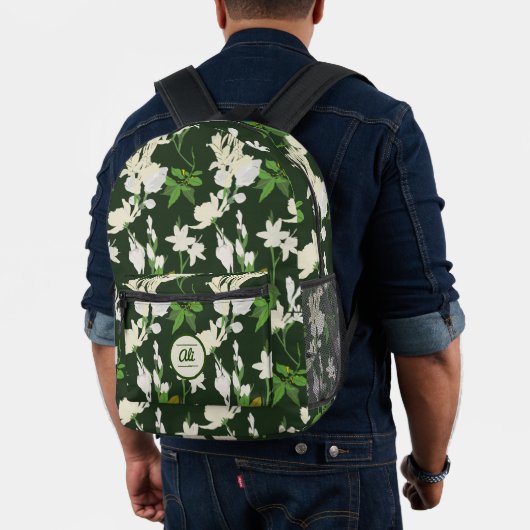 Weiße Blume 1 dunkelgrüner Hintergrund Bedruckter Rucksack (Insitu (Modell))