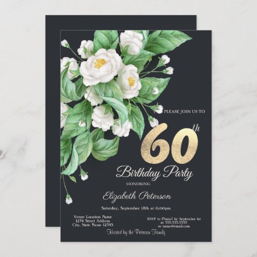 Weiße Blume 60. Geburtstag Einladung (Vorne/Hinten)