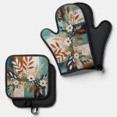 Weiße Blume auf abstraktem Hintergrund II Ofenhandschuh & Topflappen-Set (Vorderseite/Rückseite)