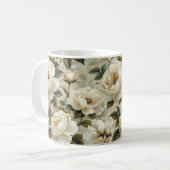 Weiße Blume auf cremefarbenem Hintergrund. Kaffeetasse (Vorderseite Links)