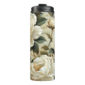 Weiße Blume auf cremefarbenem Hintergrund. Thermosbecher (Vorderseite)