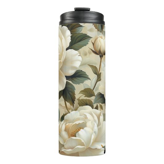 Weiße Blume auf cremefarbenem Hintergrund. Thermosbecher (Vorderseite)