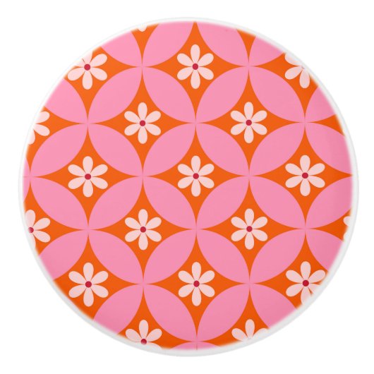 Weiße Blume auf dem Muster der rosafarbenen Kreise Keramikknauf (Vorderseite)