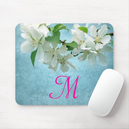 Weiße Blume auf der Blue Monogram Initial Mouse Pa Mousepad (Mit Mouse)