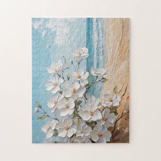 Weiße Blume auf der Ölgemälde am Strand Puzzle (Vertikal)