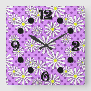 Weiße Blume auf einem Polka-Punkt-Hintergrund Quadratische Wanduhr