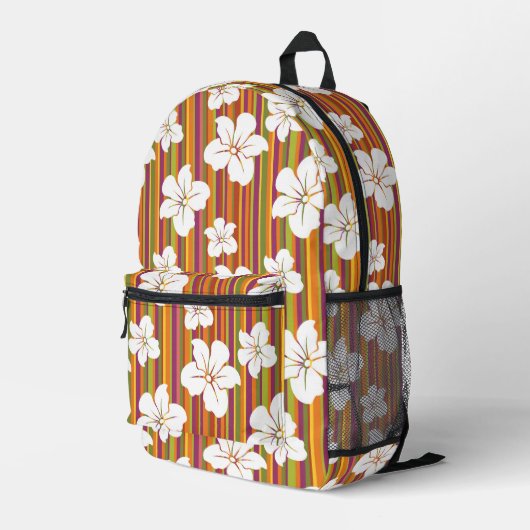 Weiße Blume auf gestreiftem Hintergrund Bedruckter Rucksack (Rückseitige Ecke Rechts)