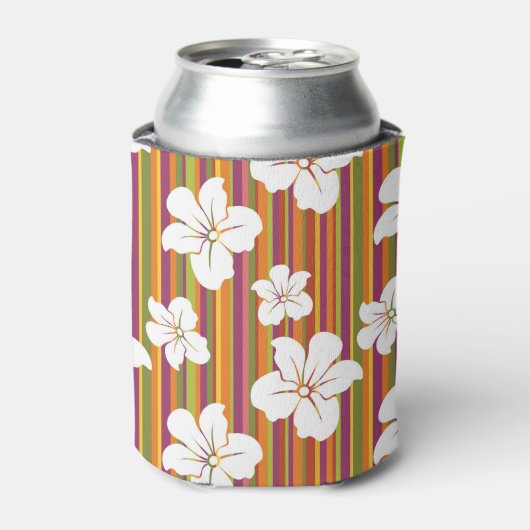 Weiße Blume auf gestreiftem Hintergrund Dosenkühler (Kanne Vorderseite)