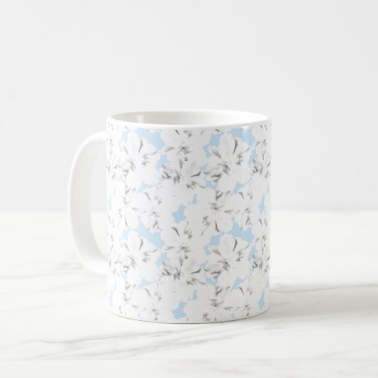 Weiße Blume auf hellblau. Kaffeetasse (Vorderseite Links)