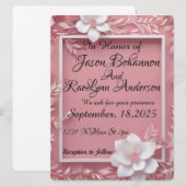 Weiße Blume auf rosafarbenem Hintergrund und weiße Save The Date (Vorne/Hinten)