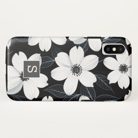 Weiße Blume auf Schwarz-Monogramm-Elegant Case-Mate iPhone Hülle (Rückseite (Horizontal))