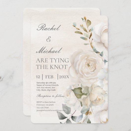 Weiße Blume beige spanische Einladung zur Hochzeit (Vorne/Hinten)
