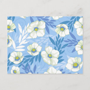 Weiße Blume, blaues Hintergrund-Blumenmuster Postkarte