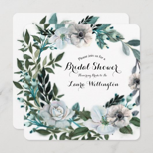 Weiße Blume Botanischer Grünreath Einladung (Vorne/Hinten)