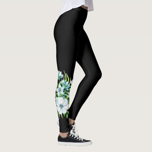 Weiße Blume Corsage Blätter Naturschwarz Leggings (Rechts)