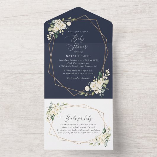 Weiße Blume, Creme-Blume, Boho, Babydusche All In One Einladung (Innen Boden)