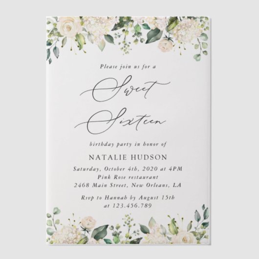 Weiße Blume, Creme-Blume, Boho, Sweet 16 Pergament Einladungen (Vorderseite)