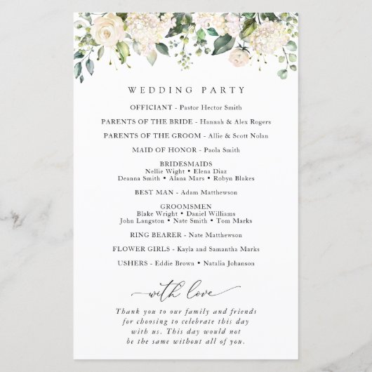 Weiße Blume, Creme-Blume, Hochzeitsprogramm (Rückseite)