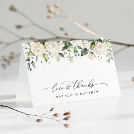 Weiße Blume, cremige Blume, Grünpflanzen, Hochzeit Dankeskarte