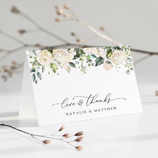 Weiße Blume, cremige Blume, Grünpflanzen, Hochzeit Dankeskarte