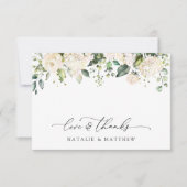 Weiße Blume, cremige Blume, Grünpflanzen, Hochzeit Dankeskarte (Vorderseite)
