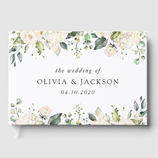 Weiße Blume, cremige Blume, Grünpflanzen, Hochzeit Gästebuch (Vorderseite)