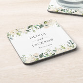 Weiße Blume, cremige Blume, Grünpflanzen, Hochzeit Getränkeuntersetzer (Linke Seite)