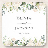 Weiße Blume, cremige Blume, Grünpflanzen, Hochzeit Getränkeuntersetzer (Vorderseite)