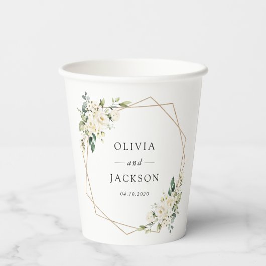 Weiße Blume, cremige Blume, Grünpflanzen, Hochzeit Pappbecher (Rückseite)